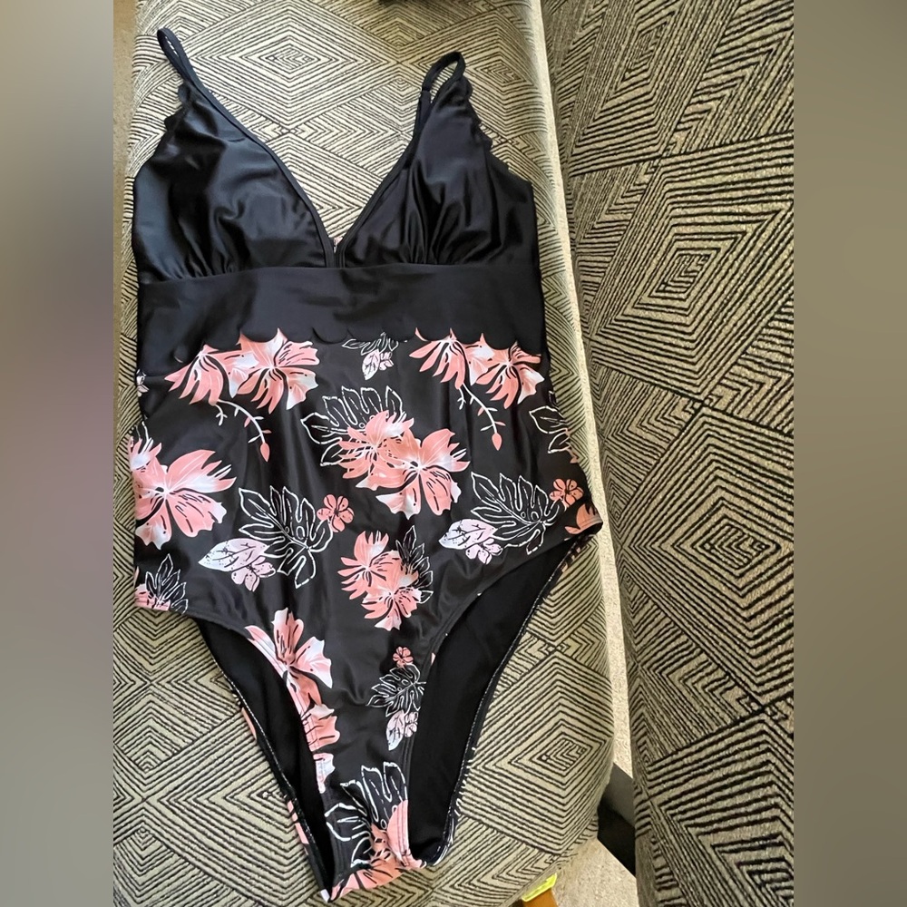 Floral Black and Pink One-Piece Swimsuit